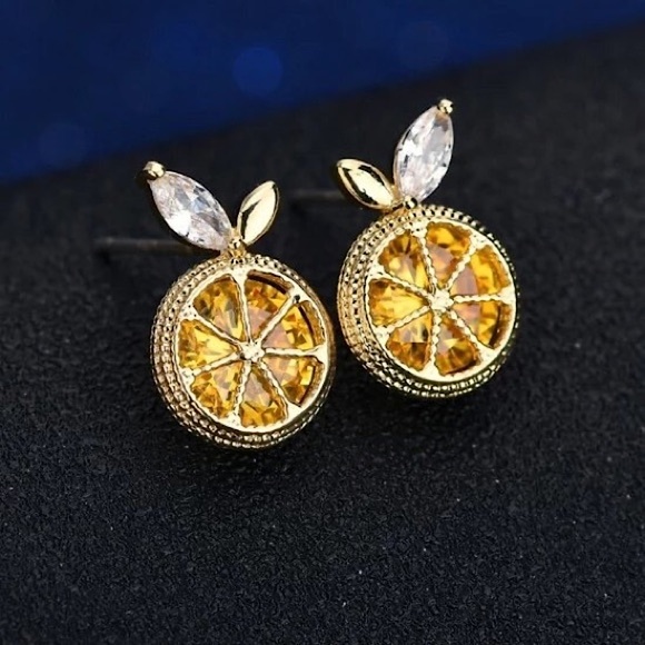 Jeweled Orange Diamond Fruit Gold Stud Minimalist Dainty Luxury Unique Earrings - Picture 1 of 8